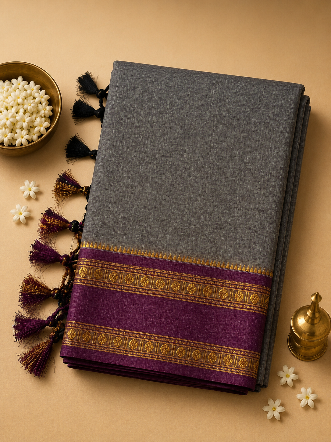Silver Grey Ilkal Cotton Narayani Saree with Contrast Border & Blouse