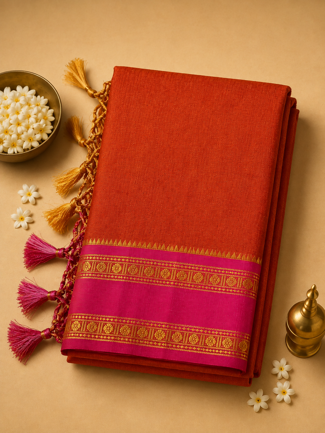 Rust Orange Ilkal Cotton Narayani Saree with Contrast Border & Blouse