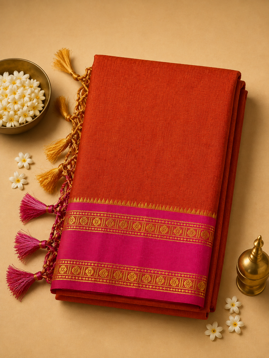 Rust Orange Ilkal Cotton Narayani Saree with Contrast Border & Blouse