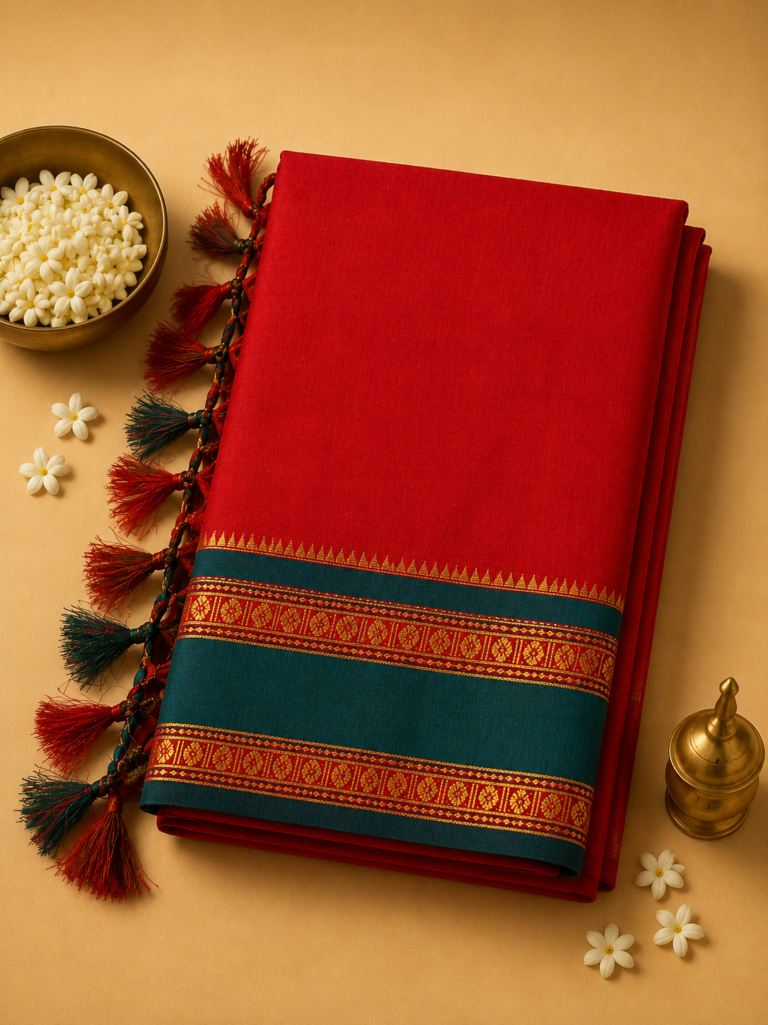 Red Ilkal Cotton Narayani Saree with Contrast Border & Blouse
