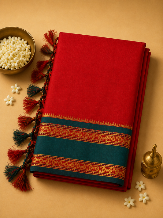 Red Ilkal Cotton Narayani Saree with Contrast Border & Blouse