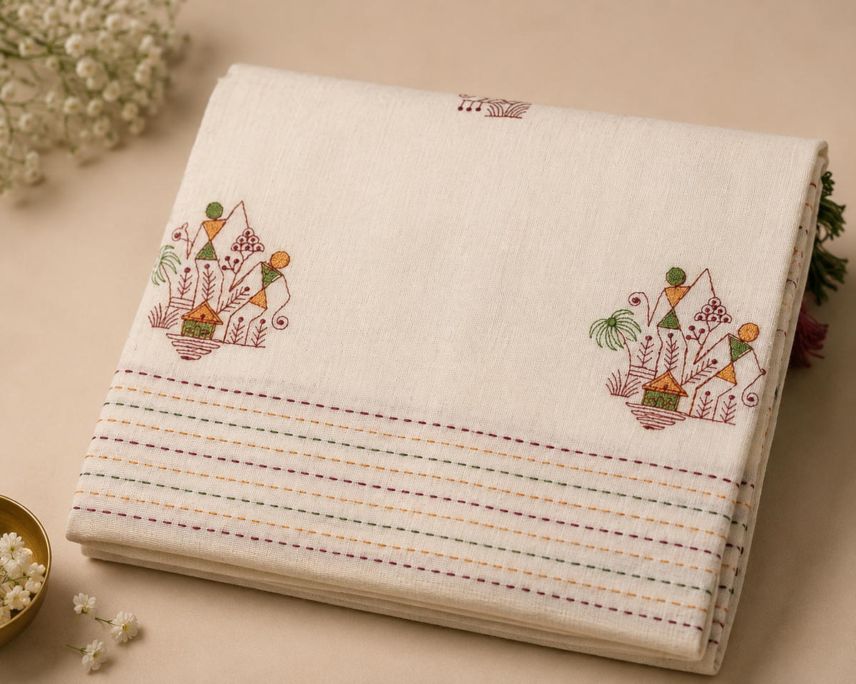 Cotton Sarees Ivory/Cream – multicolor village/folk motif