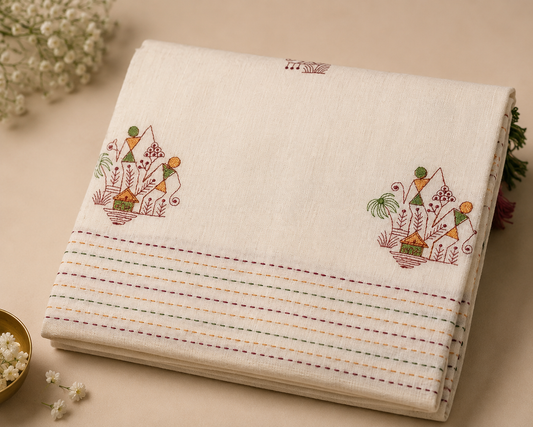 Cotton Sarees Ivory/Cream – multicolor village/folk motif