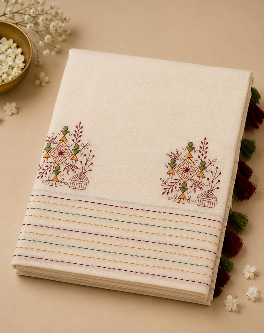 Cotton Sarees  Ivory/Cream – multicolor traditional motif