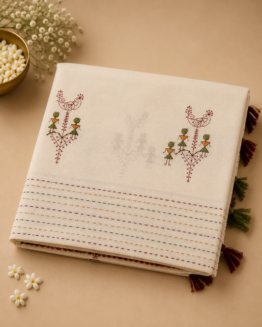 Cotton Sarees Ivory/Cream – Warli-style traditional motif