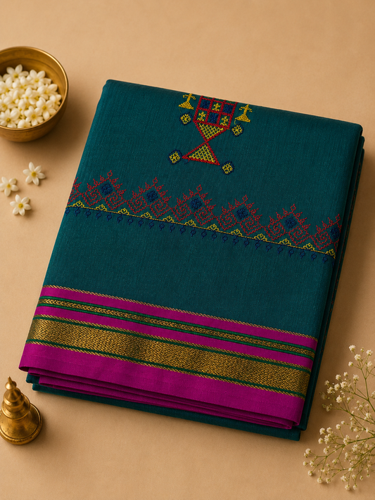 Teal Blue Kasuti Cotton Saree with Mixed Silk Zari Border