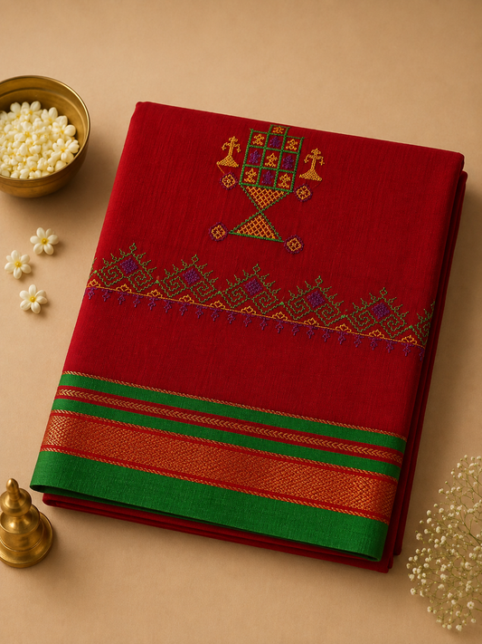 Red Kasuti Cotton Saree with Mixed Silk Zari Border