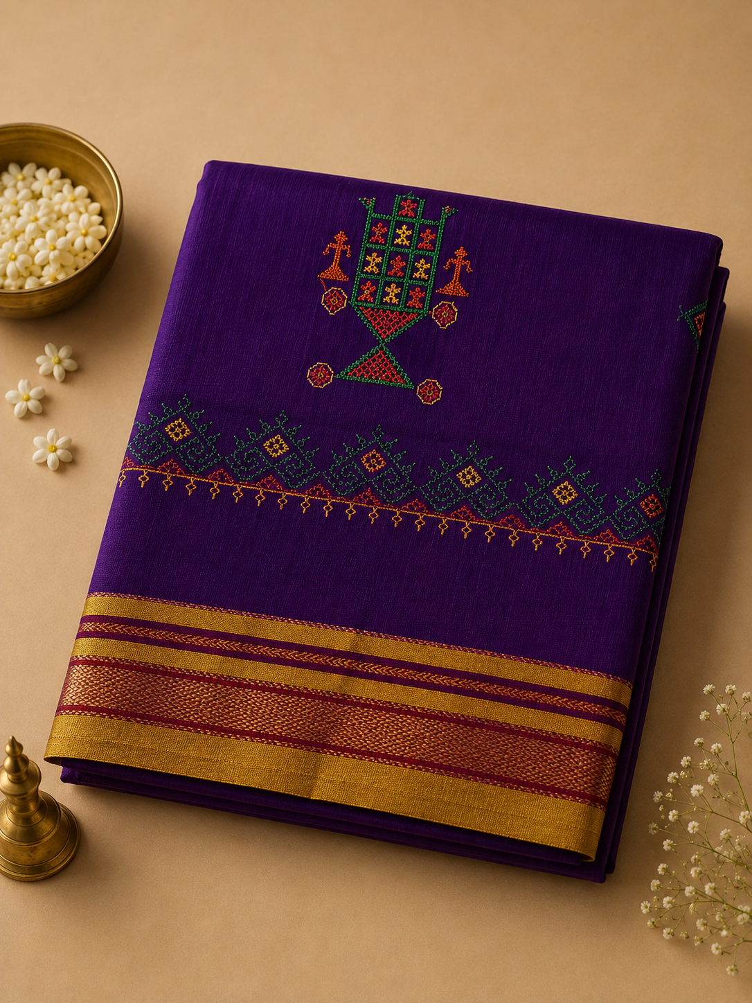 Purple Kasuti Cotton Saree with Mixed Silk Zari Border