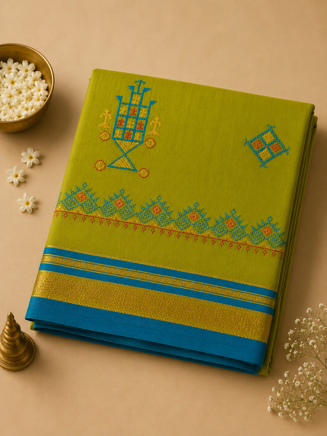 Lime Green Kasuti Cotton Saree with Mixed Silk Zari Border