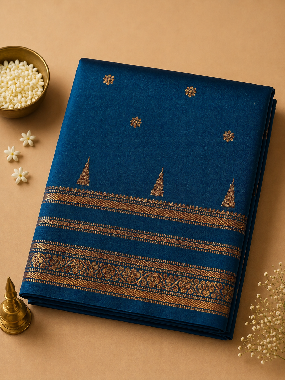 Teal Blue Savitri Silk Temple Border Sarees
