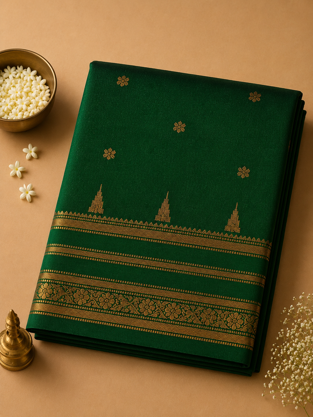 Emerald Green Savitri Silk Temple Border Sarees