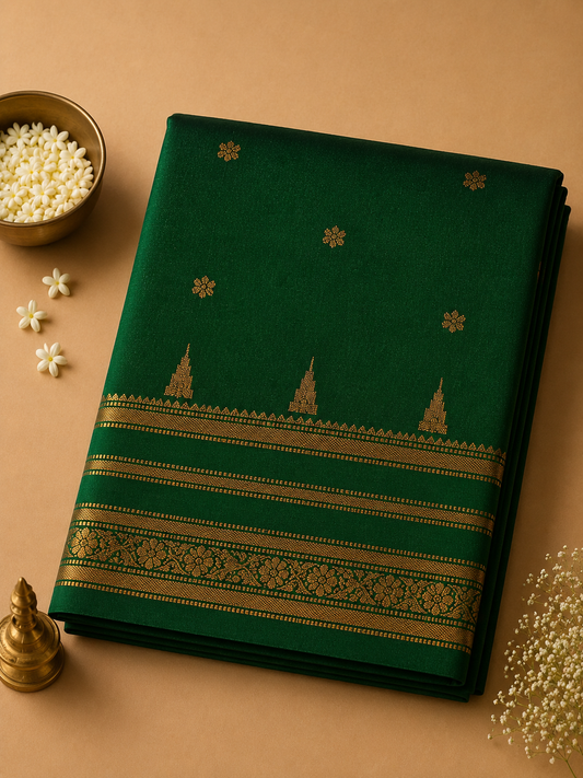 Emerald Green Savitri Silk Temple Border Sarees