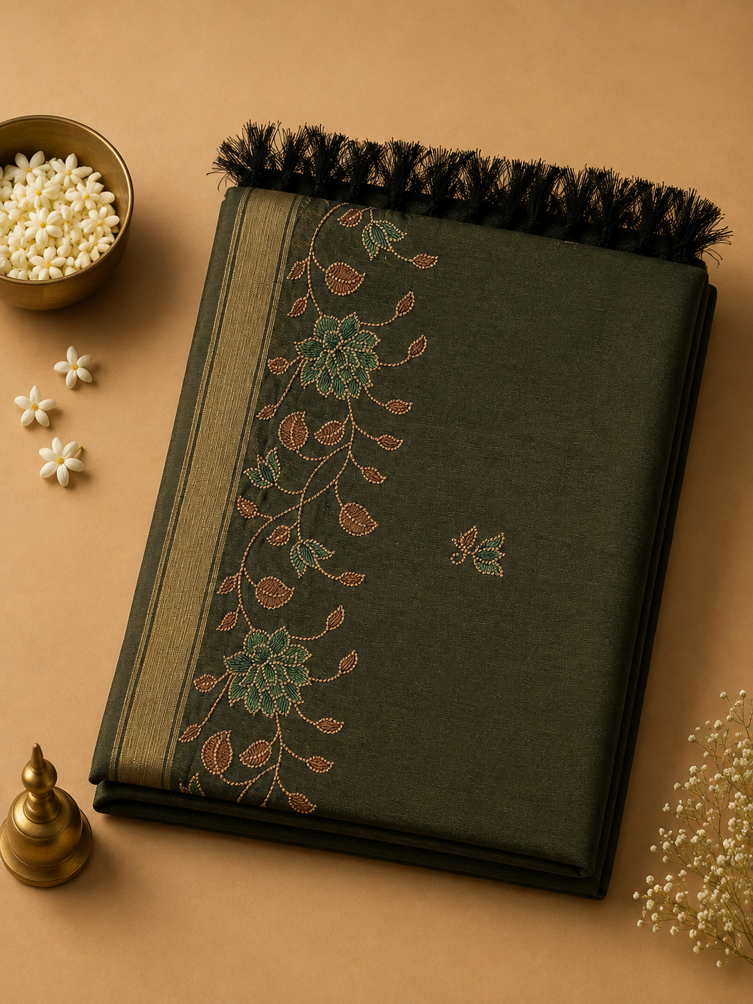 Olive Green Noory Organza Embroidery Saree
