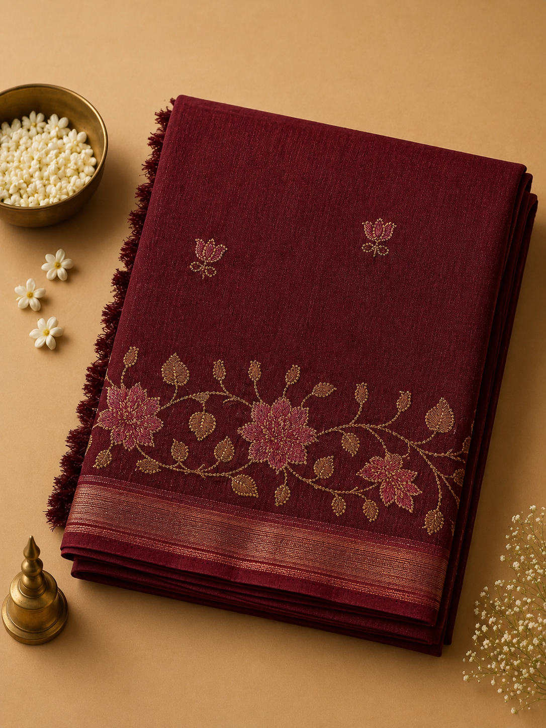 Wine Maroon Noory Organza Embroidery Saree