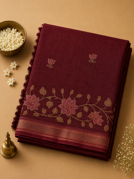 Wine Maroon Noory Organza Embroidery Saree