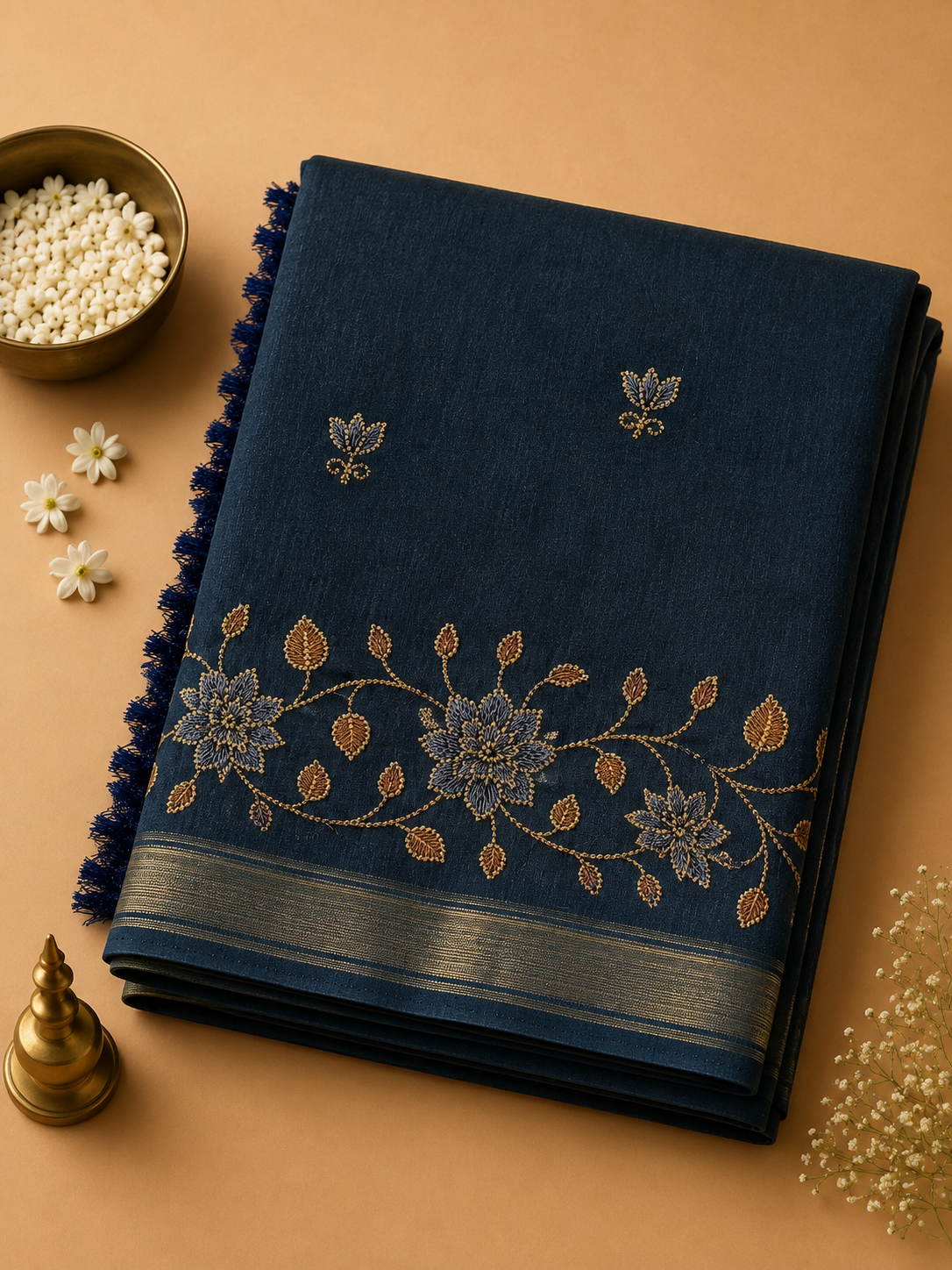Midnight Navy Blue Noory Organza Embroidery Saree