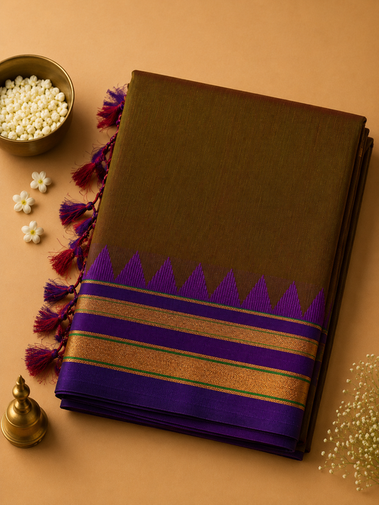 Bronze Brown Ilkal Plain Saree with Purple Temple Border  Product Description