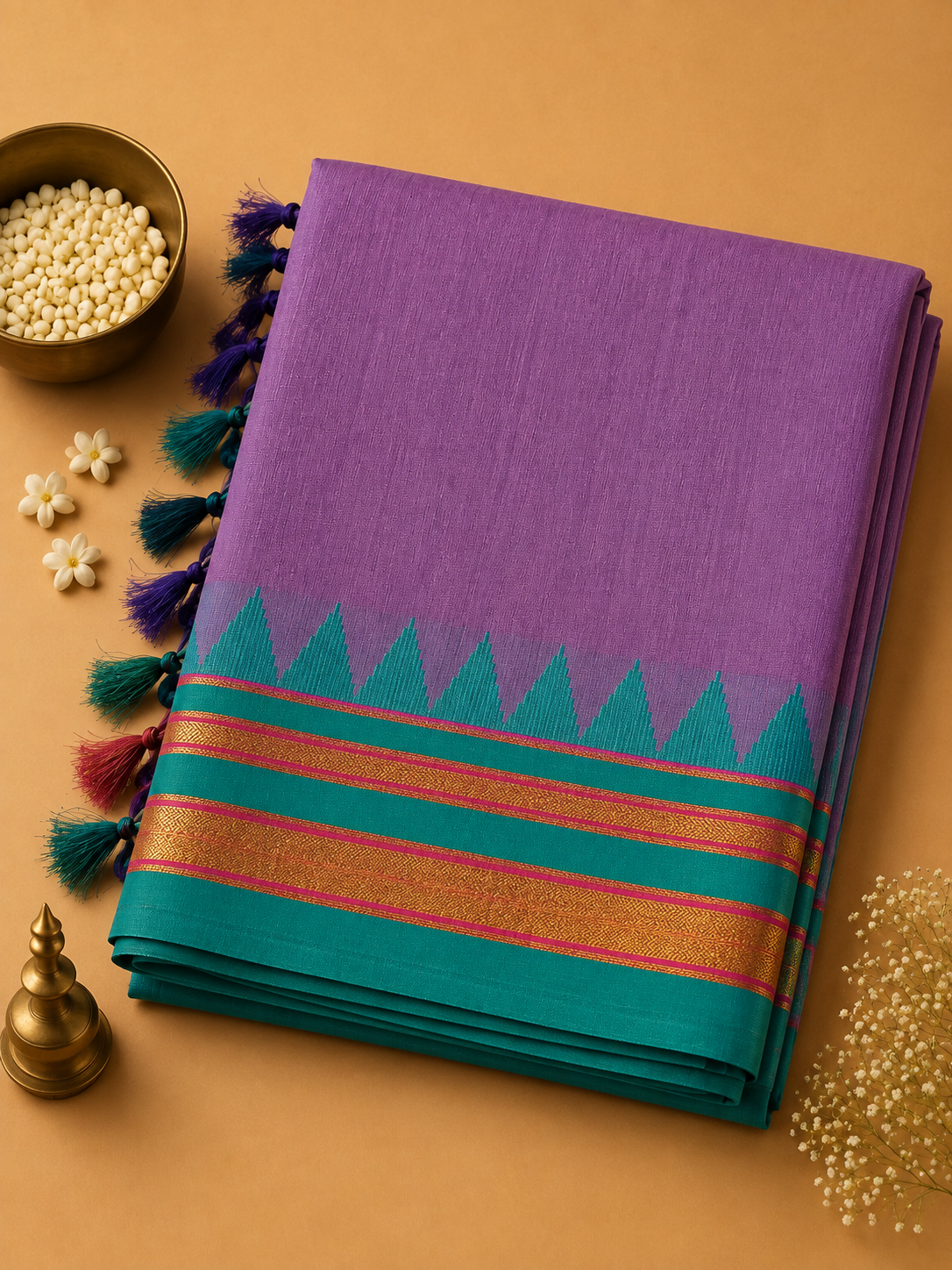 Lavender Ilkal Plain Saree with Teal Temple Border