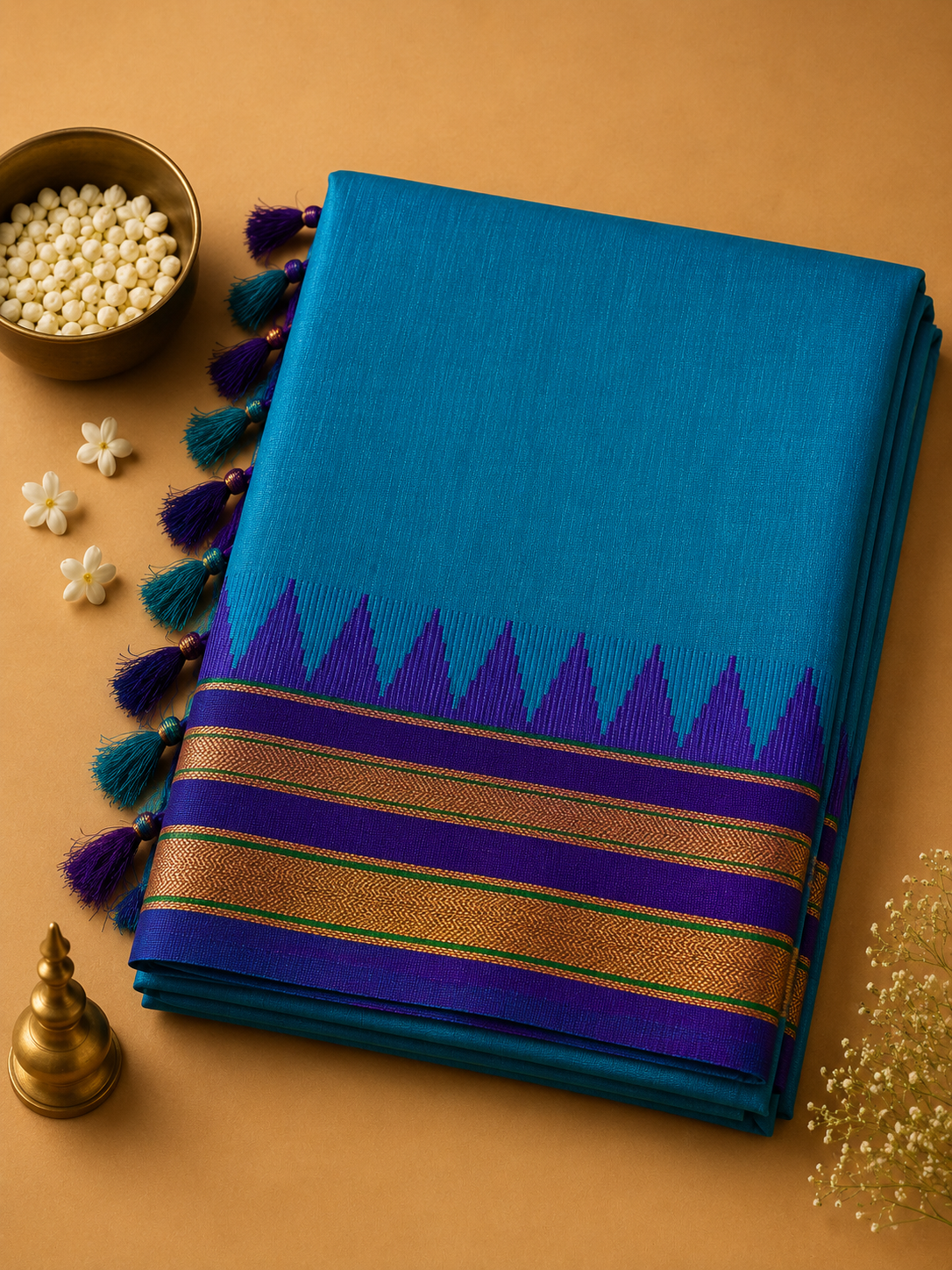 Turquoise Blue Ilkal Plain Saree with Purple Temple Border