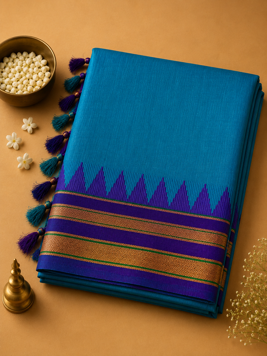 Turquoise Blue Ilkal Plain Saree with Purple Temple Border