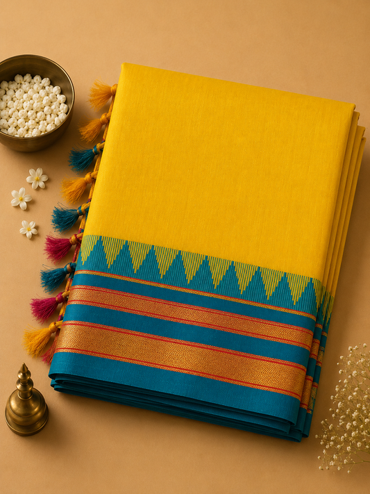 Mustard Yellow Ilkal Plain Saree with Teal Temple Border
