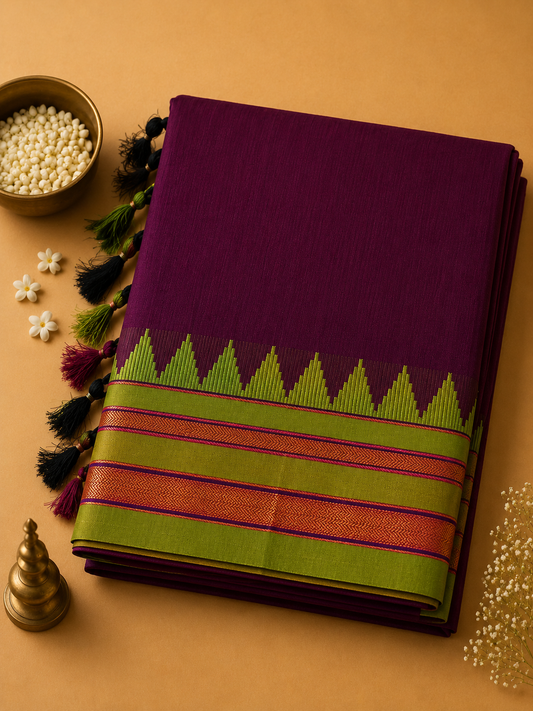 Purple Ilkal Plain Saree with Green Temple Border