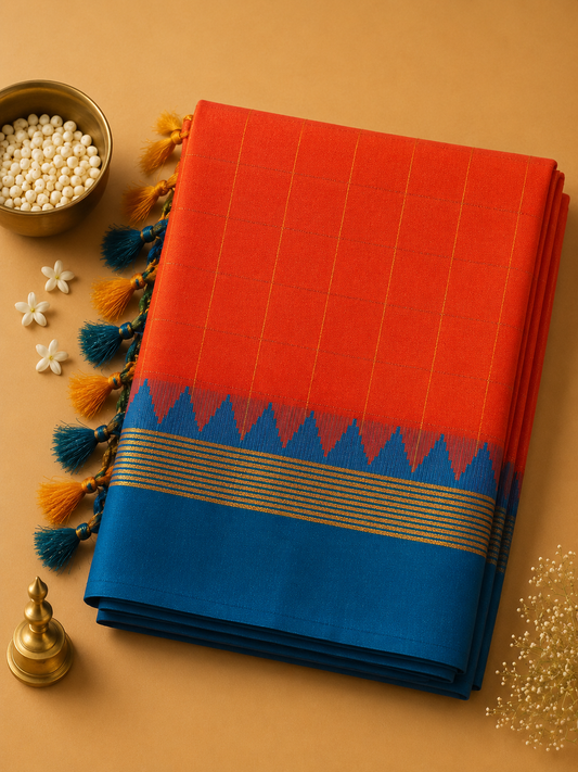 Coral Orange Ilkal Guwahati Checks Saree with Turquoise Temple Border
