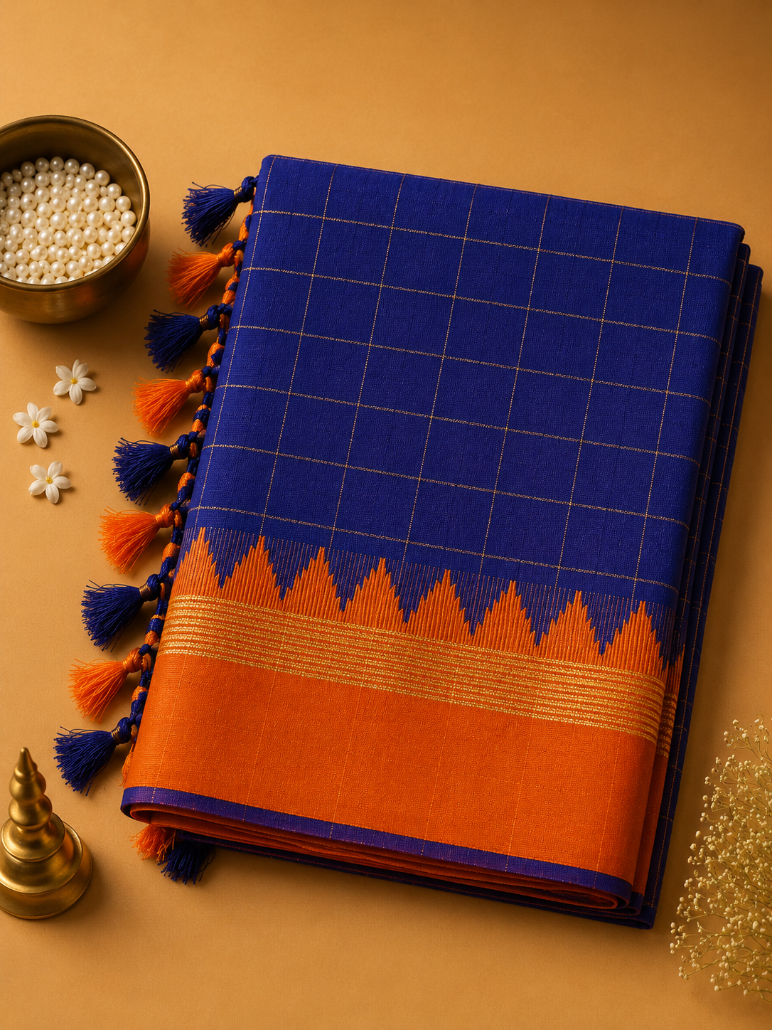 Royal Blue Ilkal Guwahati Checks Saree with Orange Temple Border