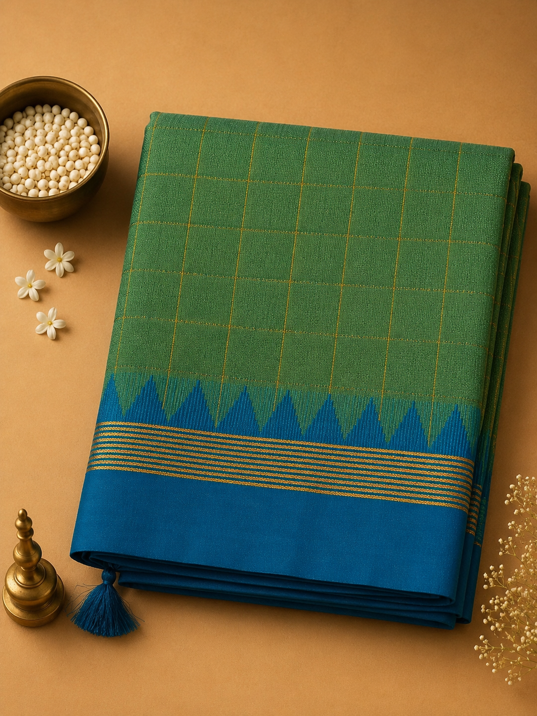Sage Green Ilkal Guwahati Checks Saree with Turquoise Temple Border