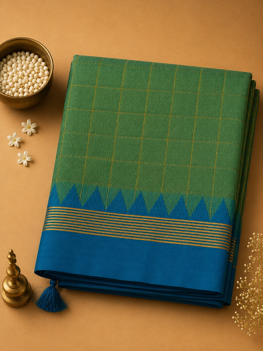 Sage Green Ilkal Guwahati Checks Saree with Turquoise Temple Border