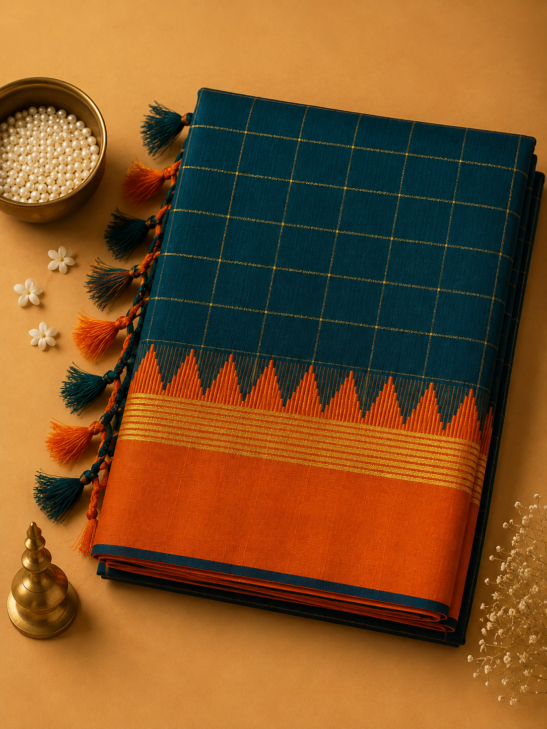 Bottle Green Ilkal Guwahati Checks Saree with Orange Temple Border
