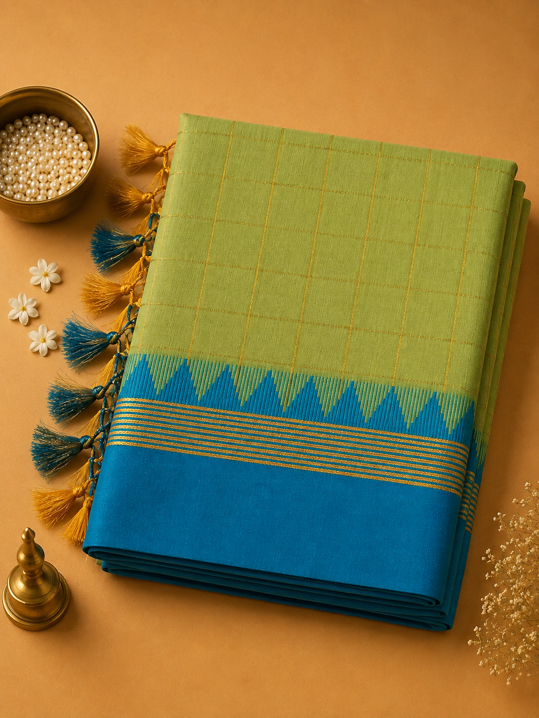 Lime Green Ilkal Guwahati Checks Saree with Turquoise Temple Border