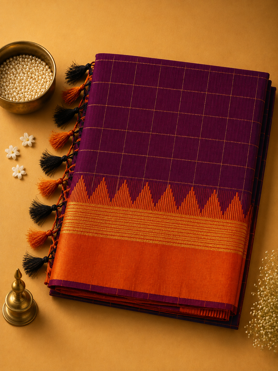 Deep Wine Purple Ilkal Guwahati Checks Saree with Orange Temple Border