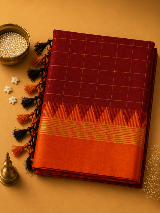 Rust Brick Red Ilkal Guwahati Checks Saree with Orange Temple Border