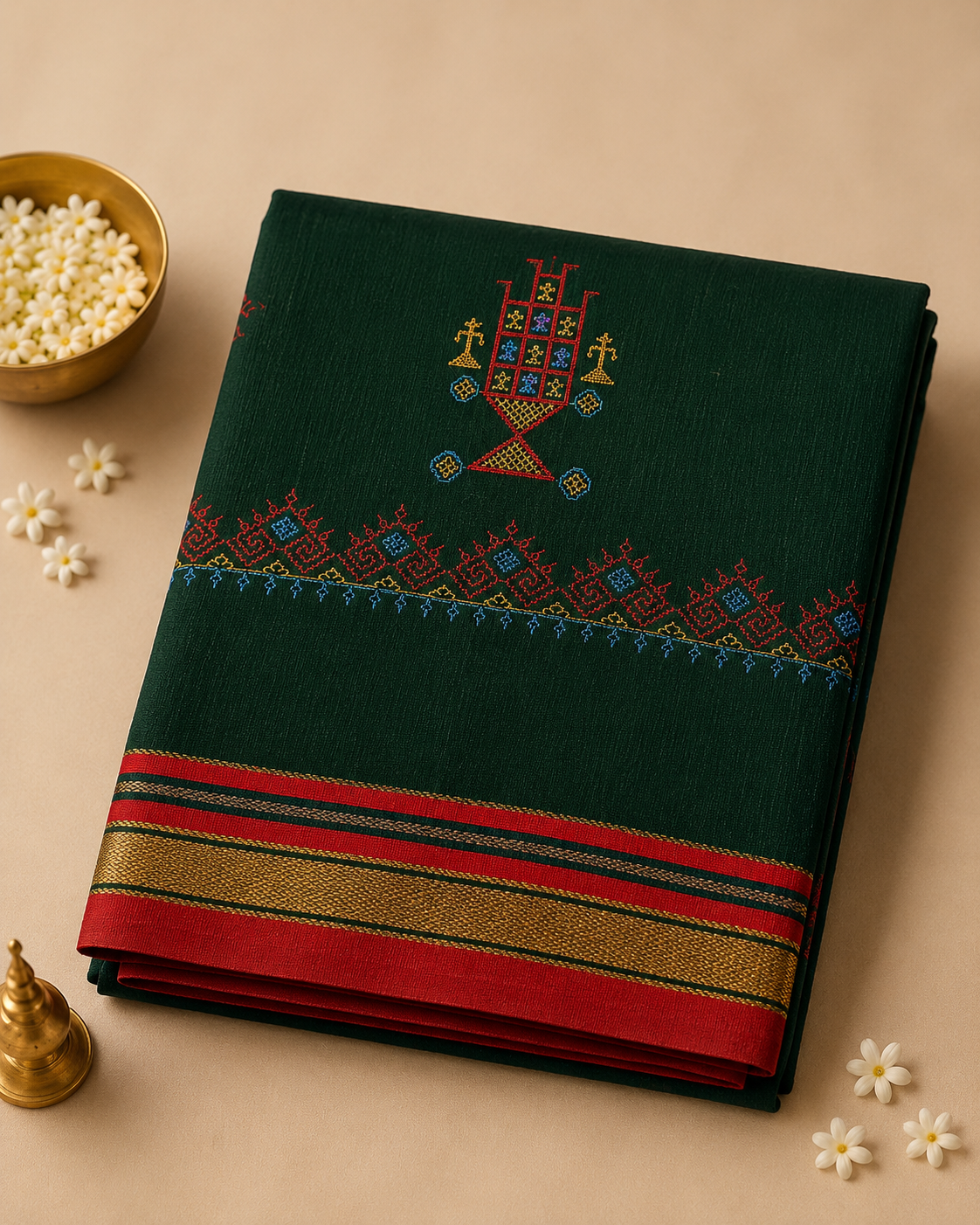 Bottle Green Kasuti Cotton Saree with Mixed Silk Zari Border