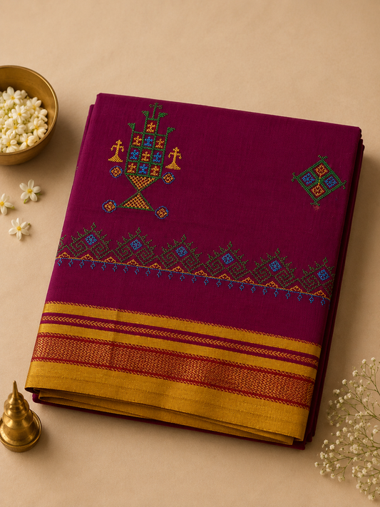 Wine Kasuti Cotton Saree with Mixed Silk Zari Border
