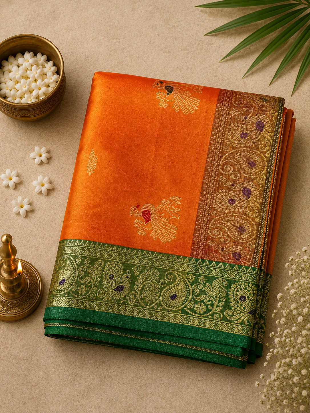 Orange yellow Paithani Silk Saree with Rich Pallu and Jari Border