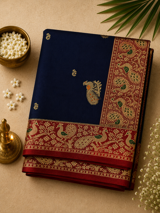 Navy Blue Paithani Silk Saree with Rich Pallu and Jari Border