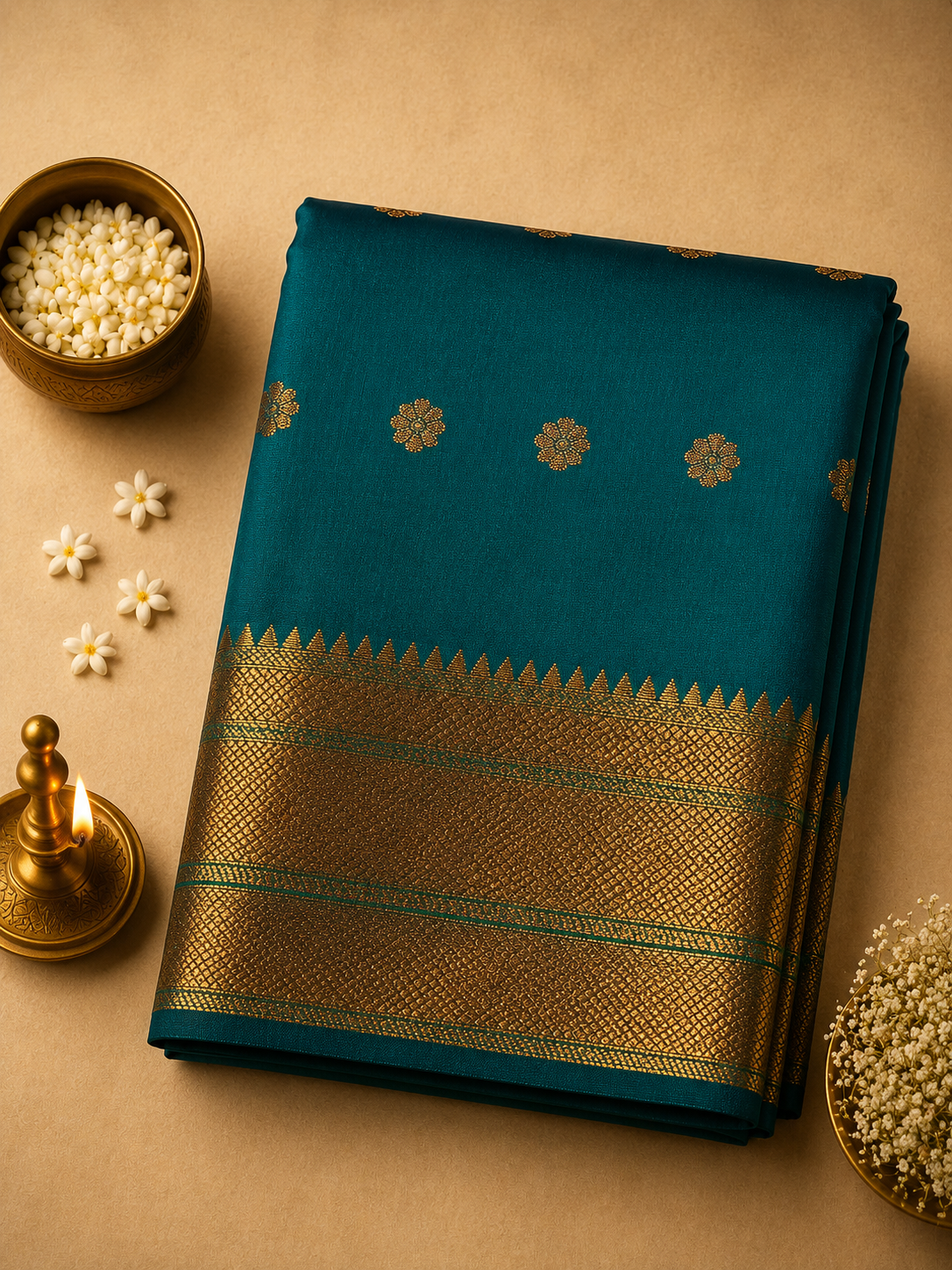 Teal Blue Trisha Silk Saree with Floral Butta Design