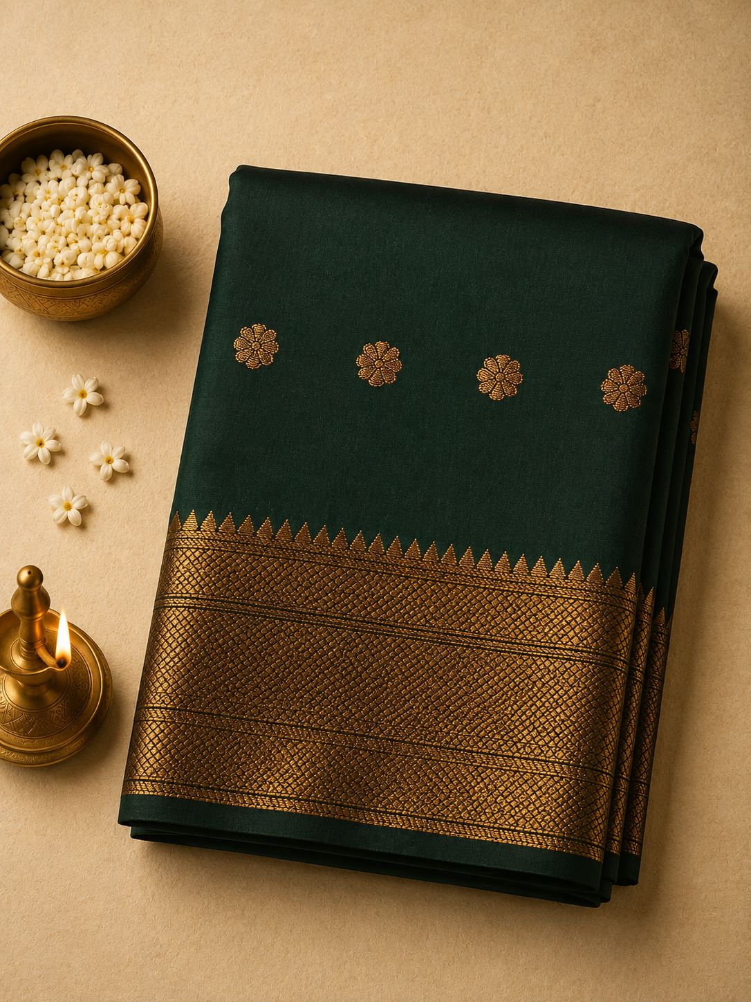Bottle Green Trisha Silk Saree with Floral Butta Design