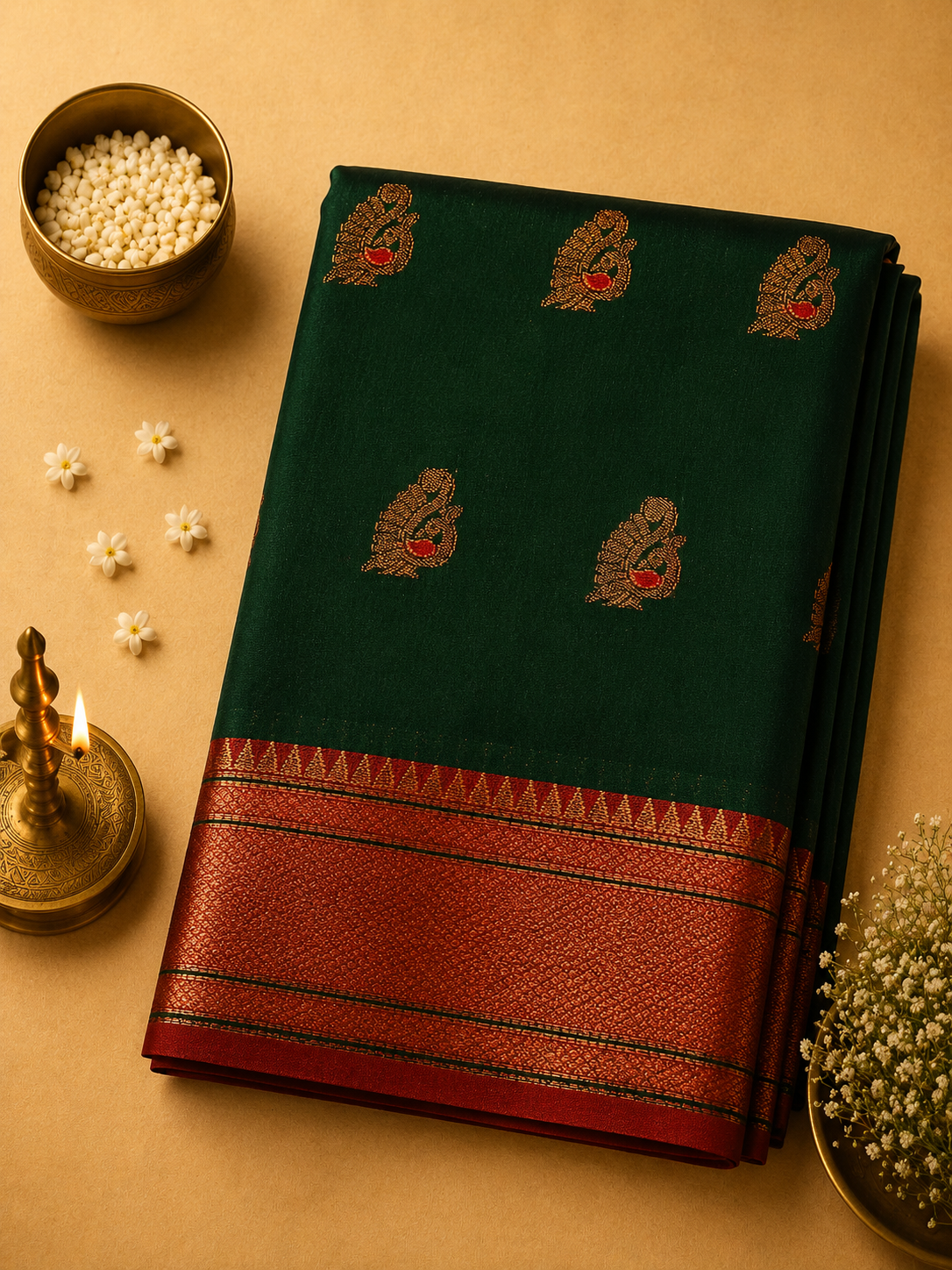 Bottle Green Peacock Silk Saree with Rich Contrast Border