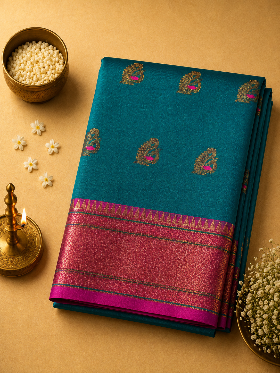 Teal Blue Peacock Silk Saree with Rich Contrast Border