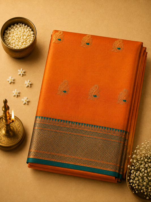 Mustard Orange Peacock Silk Saree with Rich Contrast Border
