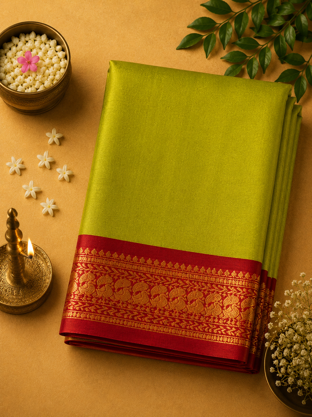 Lime Green Kalyani Plain Art Silk Saree