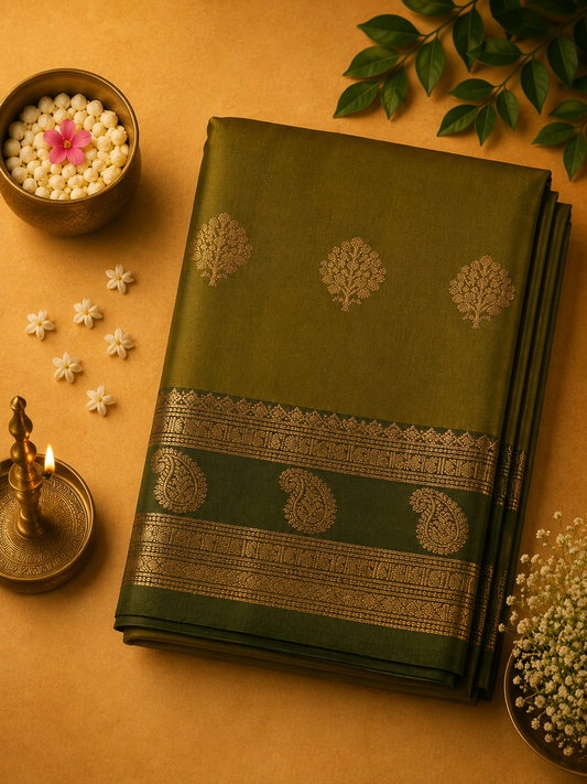Olive Green Purva Silk Saree with Mango Border