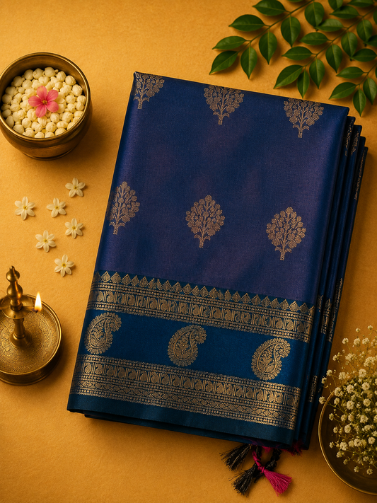 Royal Blue Purva Silk Saree with Mango Border