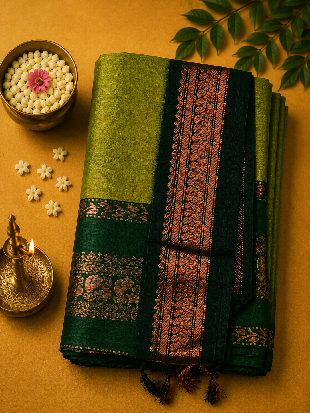 Olive Green Gadwal Plain Saree and Rich Pallu