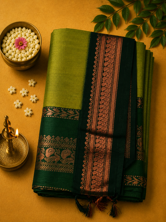 Olive Green Gadwal Plain Saree and Rich Pallu