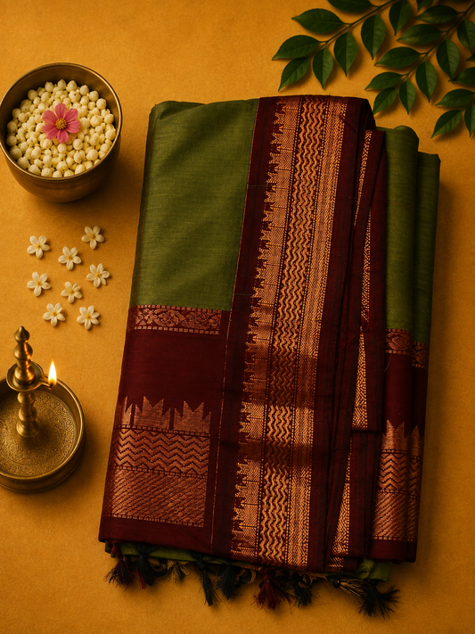 Moss Green Gadwal Plain Saree and Rich Pallu
