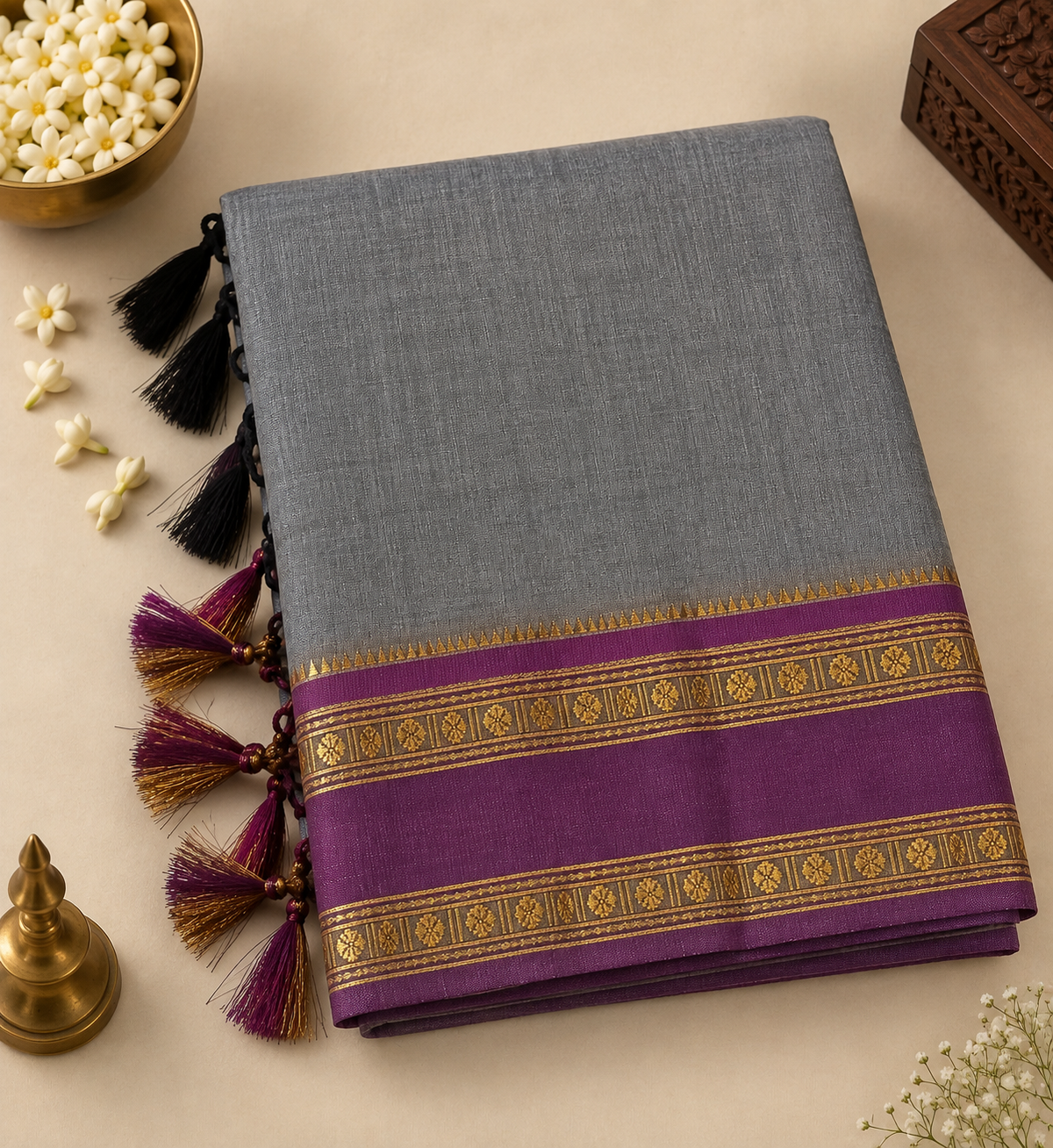 Grey Narayani Cotton Saree with Purple Silk Jari Border